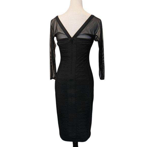 Tadashi Shoji Black Illusion Yoke Bandage Stretch Cocktail Evening Dress XS LBD - Picture 3 of 11